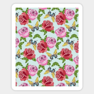 Roses And Butterflies Pattern On Blue Sticker